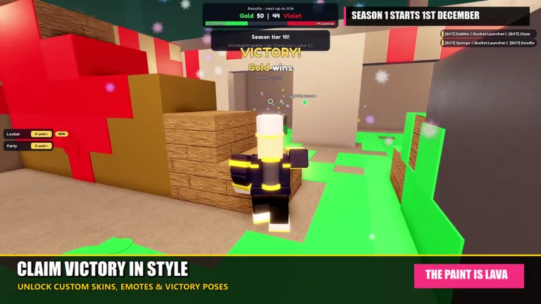 A victory pose in a red-and-green painted arena with VICTORY on screen